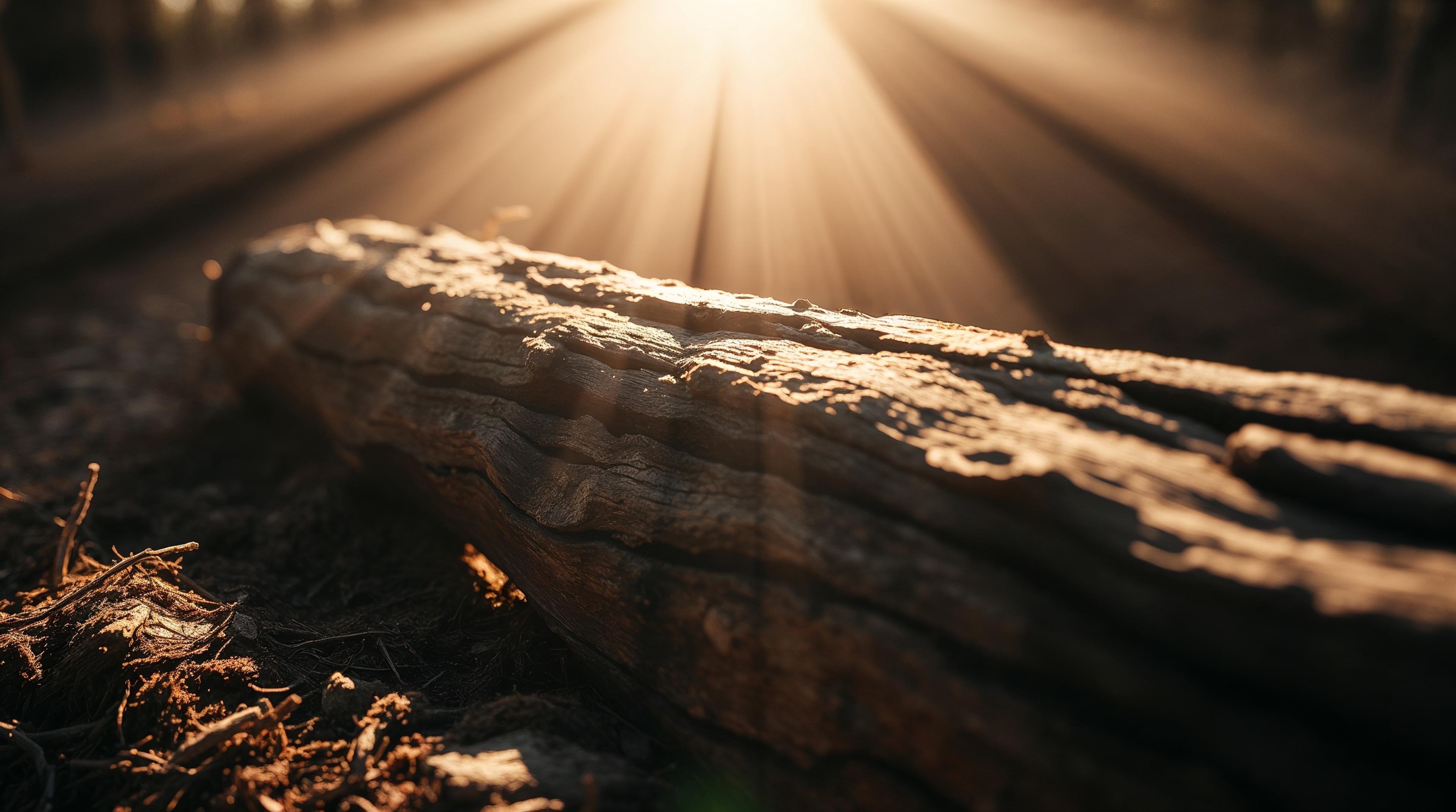 Shining god rays highlighting a log
