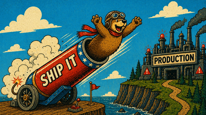 Cannon metaphorically firing new code to production, adoroably anthropomorphized by a jocular thrill-seeking circus bear.