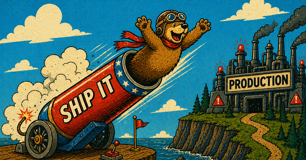Cannon metaphorically firing new code to production, adoroably anthropomorphized by a jocular thrill-seeking circus bear.