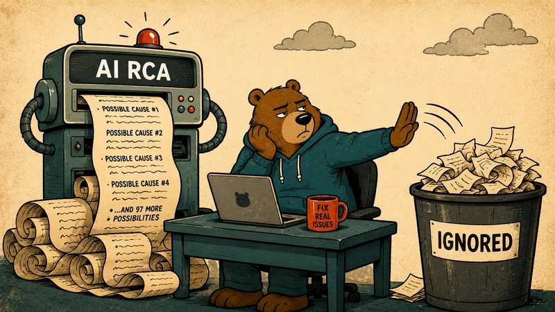 AI RCA tool printing an endless scroll of possible root causes while a frustrated engineer waves it away, with discarded pages overflowing a trash bin labeled Ignored.