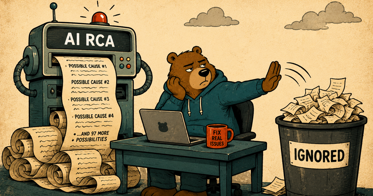 AI RCA tool printing an endless scroll of possible root causes while a frustrated engineer waves it away, with discarded pages overflowing a trash bin labeled Ignored.
