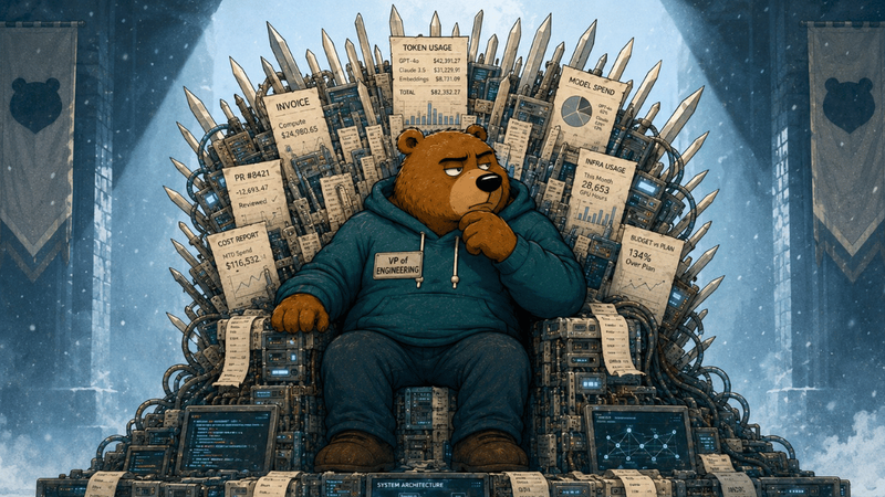 A cartoon bear VP Engineering sits on his throne contemplating AI ROI problems