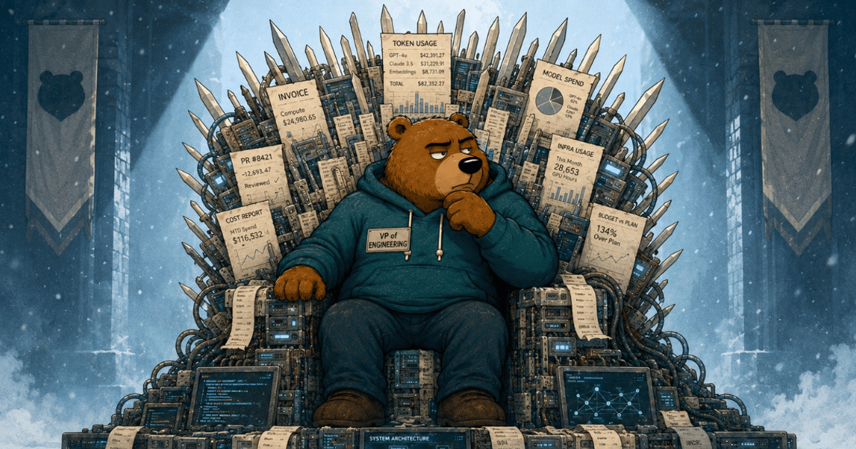 A cartoon bear VP Engineering sits on his throne contemplating AI ROI problems