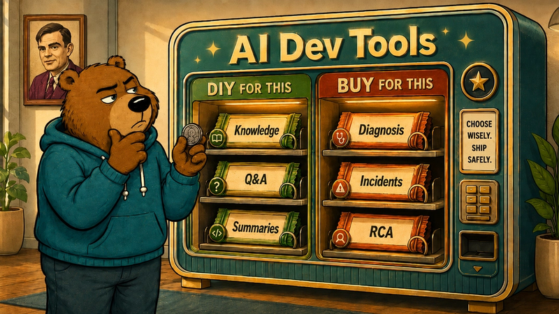 Cartoon bear at an "AI Dev Tools" vending machine: DIY for Knowledge, Q&A, Summaries; Buy for Diagnosis, Incidents, RCA.