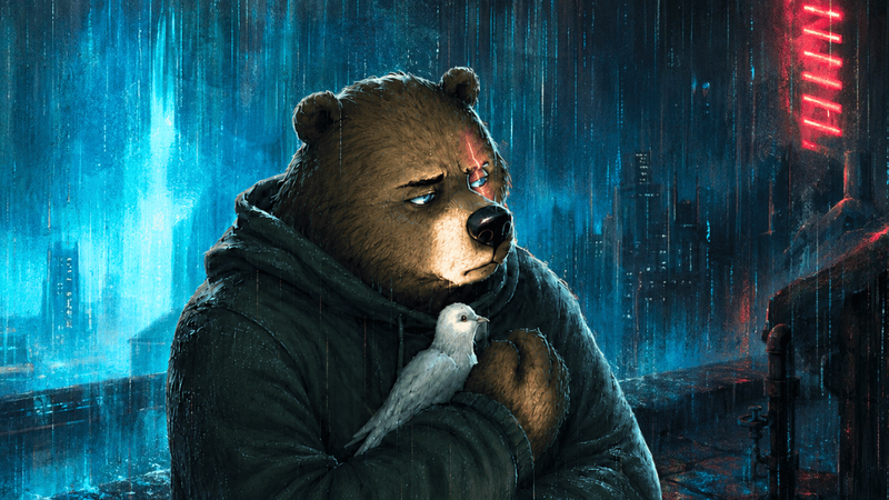 Bear holds dove on rooftop symbolizing the fragility of collective engineering memory that can all be lost like tears in rain.