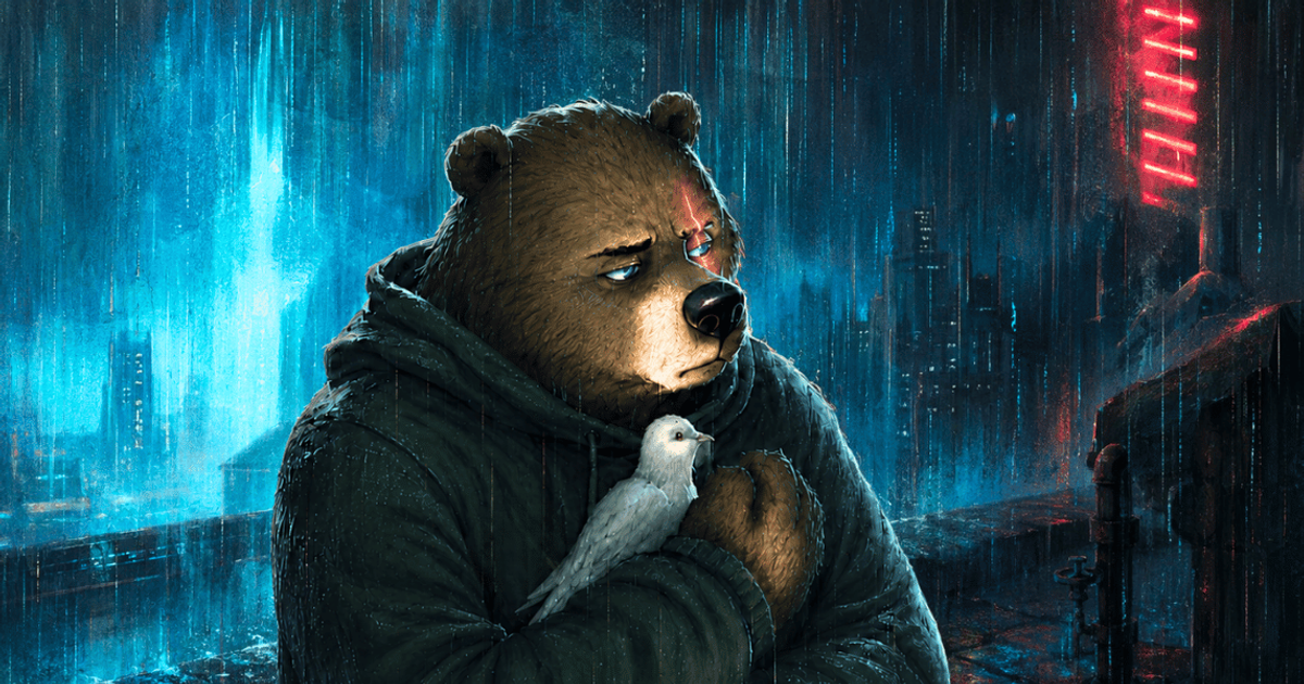 Bear holds dove on rooftop symbolizing the fragility of collective engineering memory that can all be lost like tears in rain.