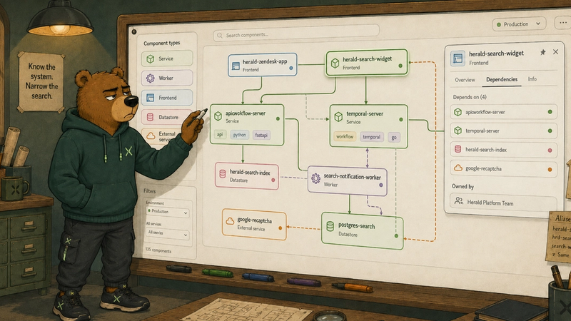 The Herald bear maps a production system on a large architecture board, connecting services, aliases, dependencies, and metadata into a context graph for incident investigation.