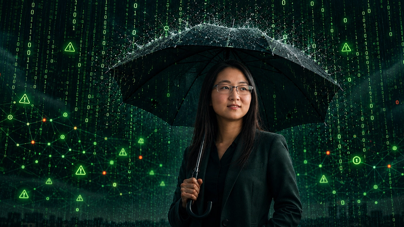 Momento CTO Daniela Miao stands with an umbrella in a matrix-like alert storm.