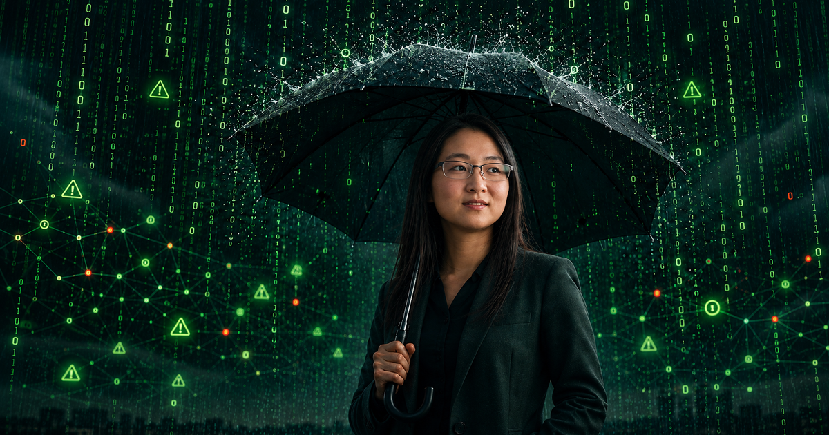 Momento CTO Daniela Miao stands with an umbrella in a matrix-like alert storm.