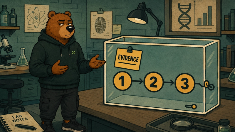 Bear pointing at evidence trail, transparently displayed in glass case in a lab