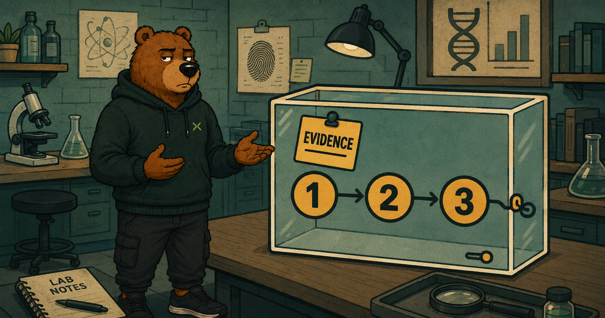 Bear pointing at evidence trail, transparently displayed in glass case in a lab