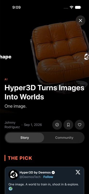 The Hyper3D story title, author, Story and Community tabs, and attributed source.