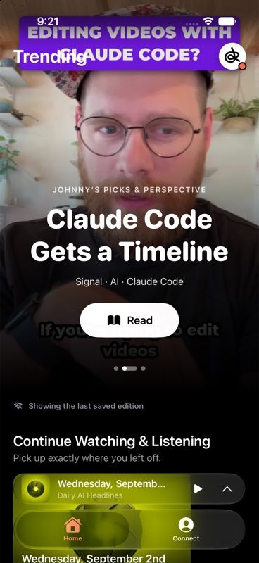 JR TV homepage showing Claude Code Gets a Timeline and its page indicators.