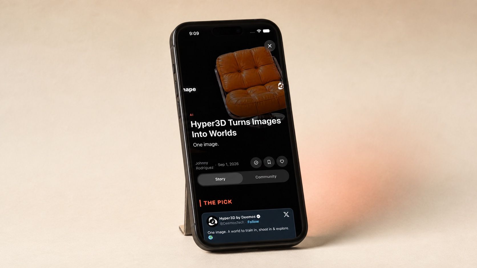 JR TV’s Hyper3D Pick on a black iPhone, photographed at an angle on cream paper.