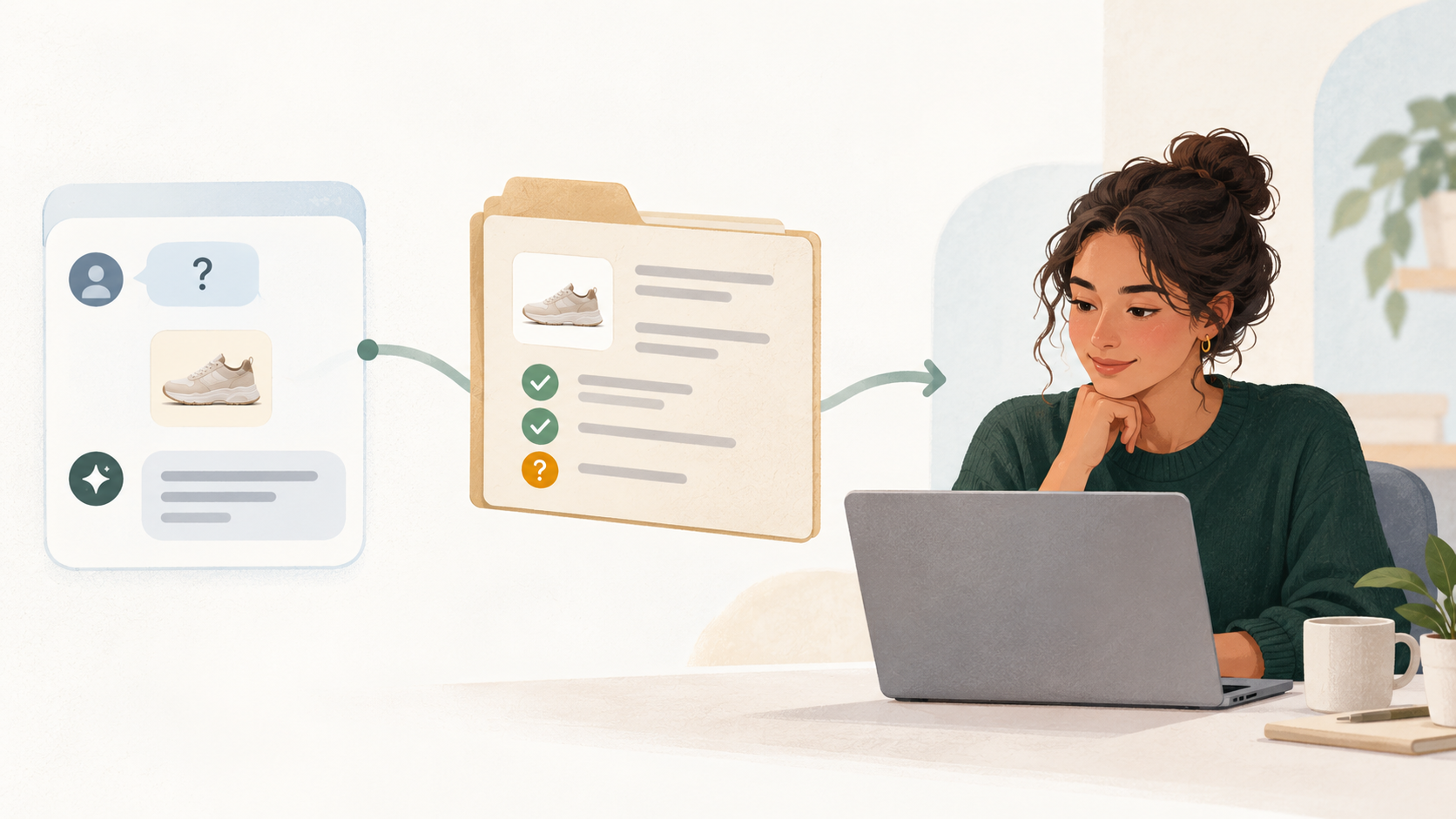 Concept illustration of an AI shopping conversation passed to a support employee with the shopper’s product question, checked facts and an unresolved issue marked by a question mark.