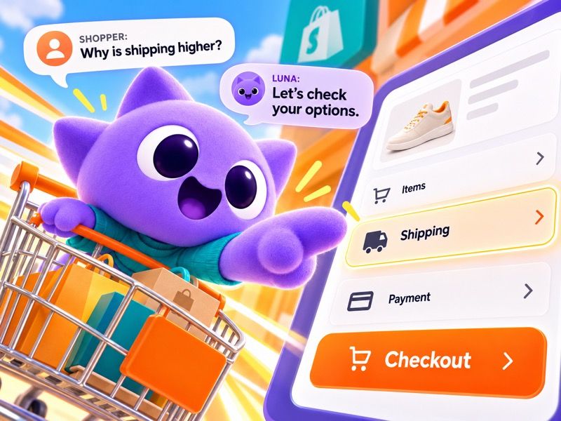 Luna helps a shopper question a shipping charge at checkout.