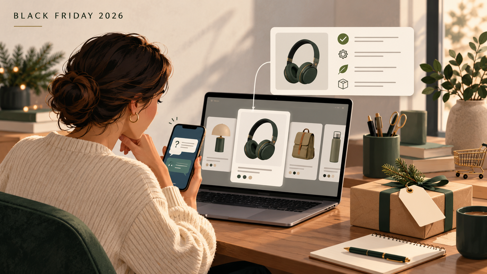 Concept illustration of a shopper comparing headphones and other gifts on a laptop while asking an AI assistant product questions on a phone for Black Friday 2026.