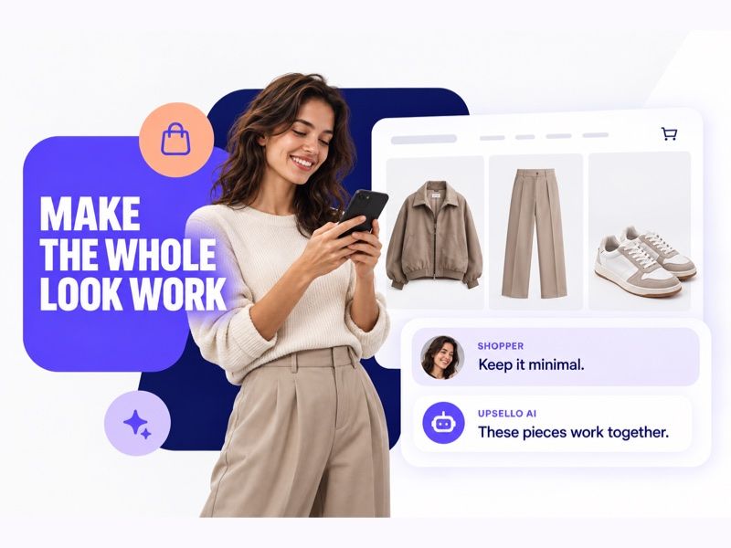 A shopper discusses a complete look with Upsello AI alongside apparel suggestions