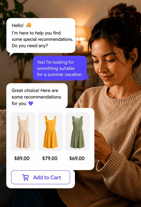 Upsello product recommendation illustration showing a guided-selling assistant recommending products in a shopping conversation.