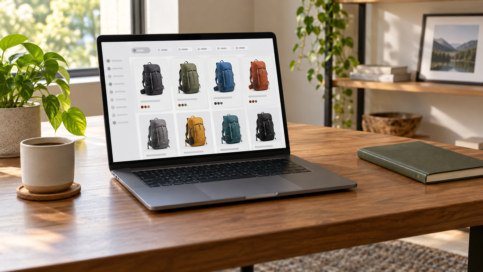 A generic ecommerce catalog of backpacks on a laptop