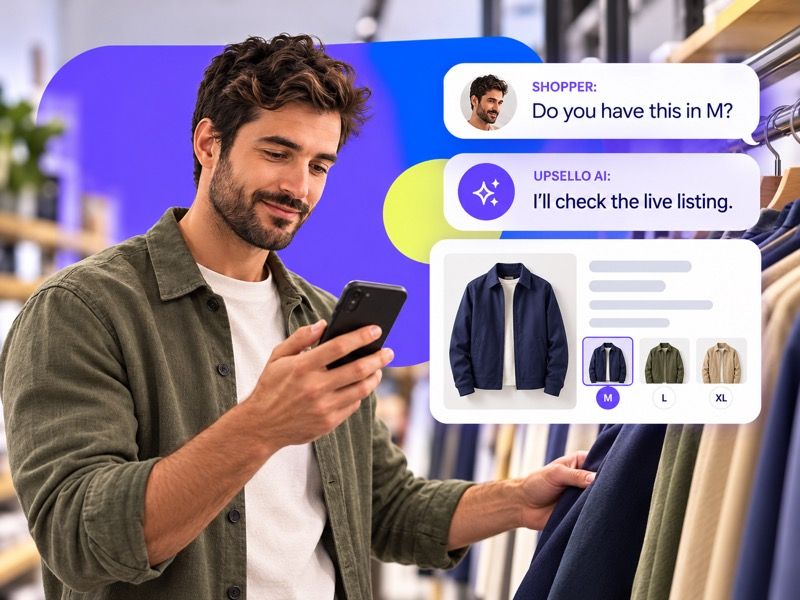 The Upsello model sees a shopper ask whether a medium is in stock; the AI checks the listing.