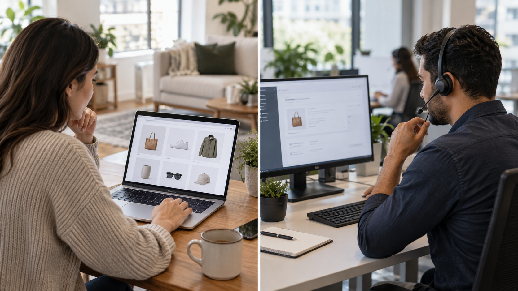 A shopper receives support while a human support specialist reviews the case