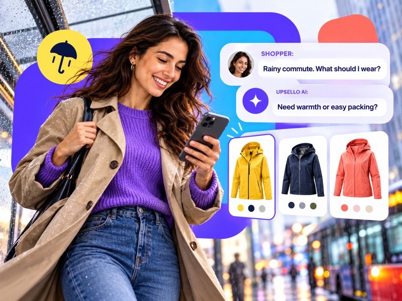 The Upsello model sees a shopper ask about a rainy-commute jacket and an AI sales agent asks a clarifying question.