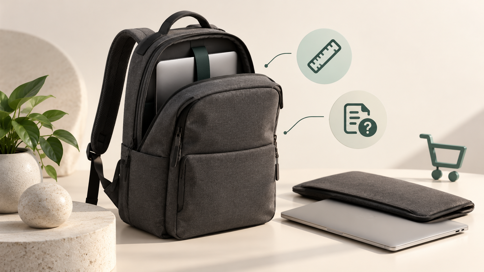 Conceptual illustration of a laptop backpack, a laptop and protective sleeve, with measurement and policy-question icons representing fit and return concerns.
