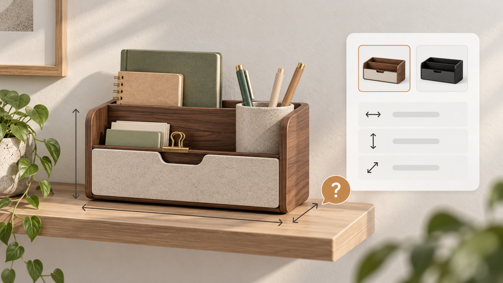Concept illustration of a wooden desk organizer and two product variants, with width and height arrows and a question mark for the missing depth measurement needed to confirm shelf fit.