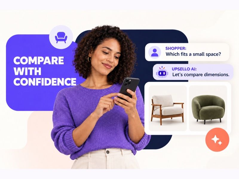 A shopper asks Upsello AI to compare two chairs for a small space
