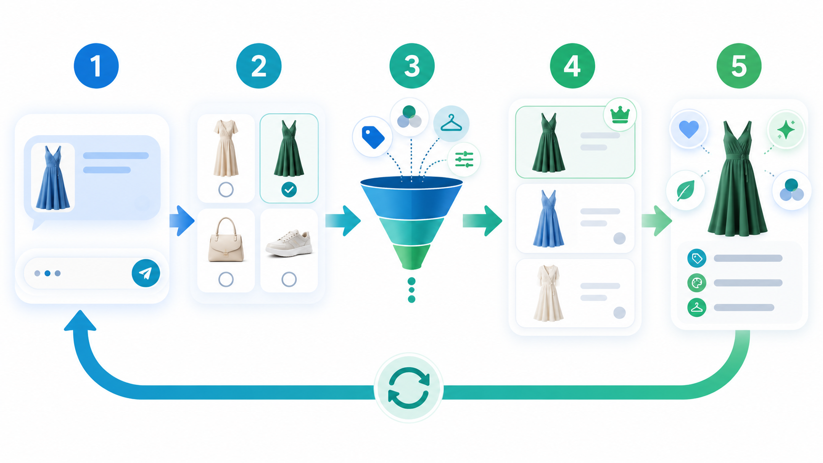 request, clarification, filtering, ranking, explanation, and feedback form a continuous loop.