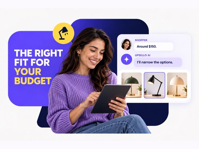 A shopper shares a budget while Upsello AI narrows desk lamp options