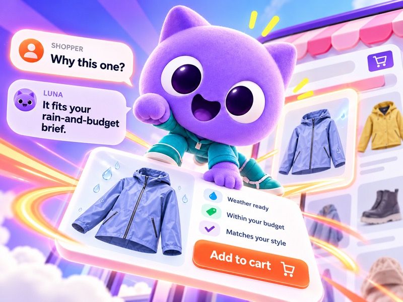 The AI explains why one jacket fits the stated weather and budget.