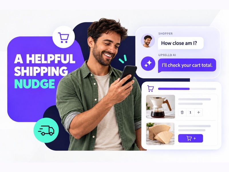 A shopper checks a cart's shipping details with Upsello AI