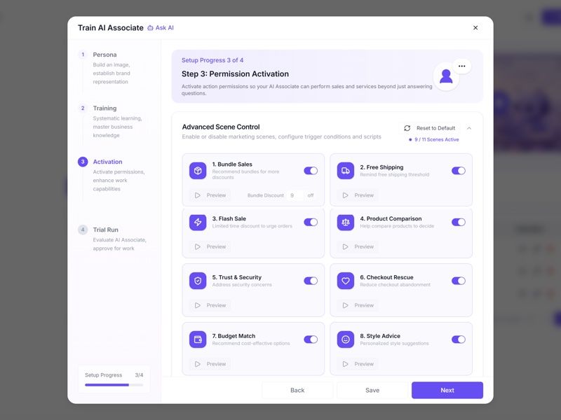 Upsello AI Associate activation screen showing configurable marketing scene controls