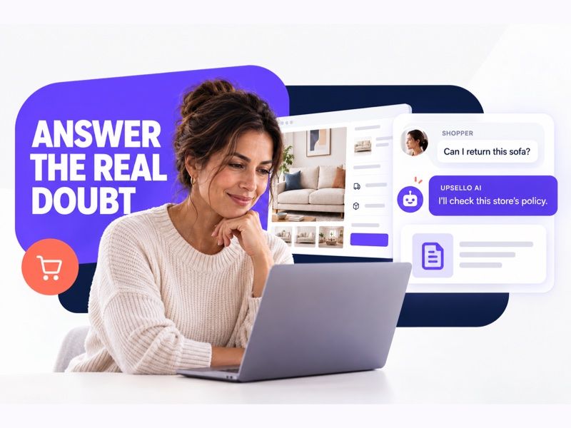A shopper asks Upsello AI about the return policy for a sofa
