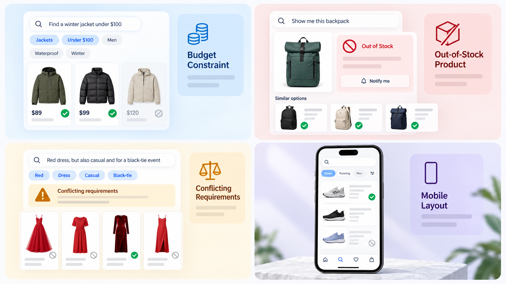test budget limits, out-of-stock items, conflicting requirements, and mobile presentation.