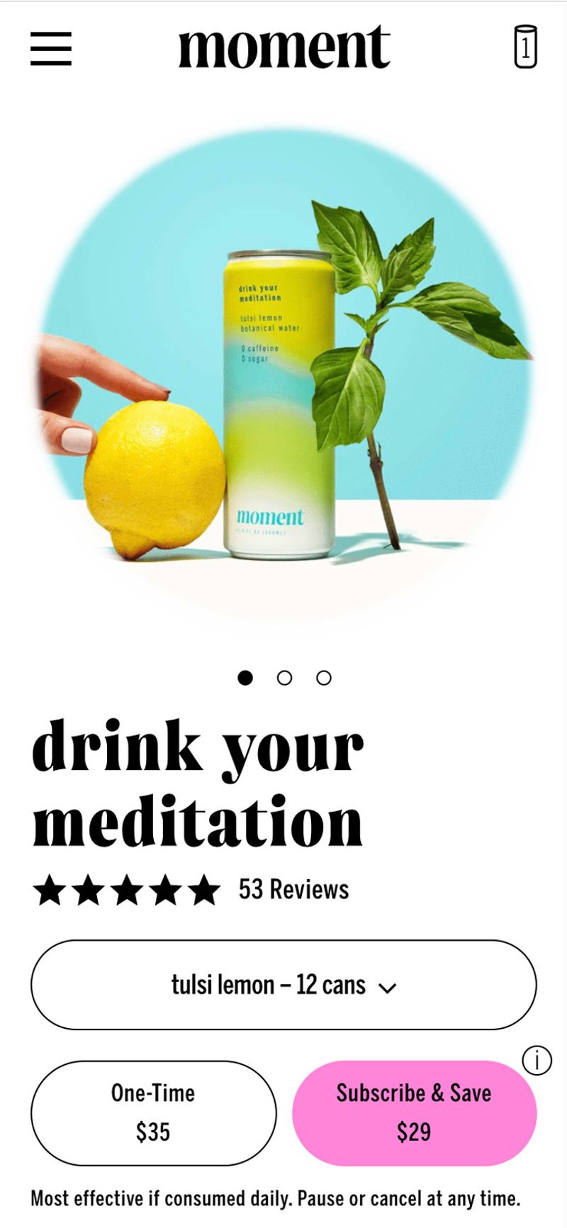 Mobile design for tulsi lemon product page with image carousel