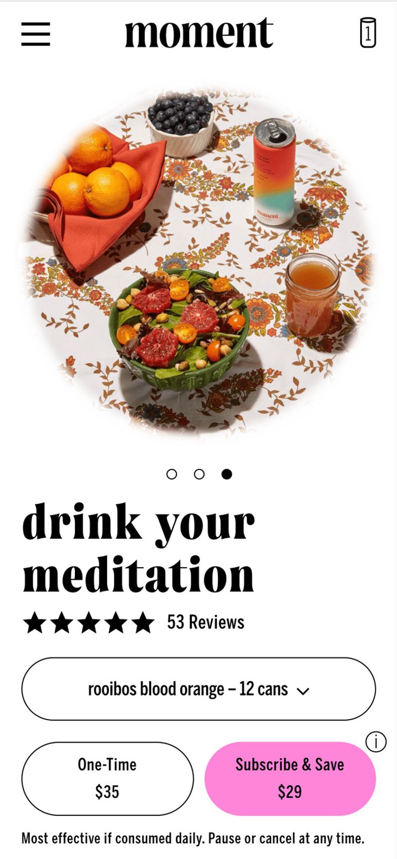 Mobile design for blood orange product page with image carousel