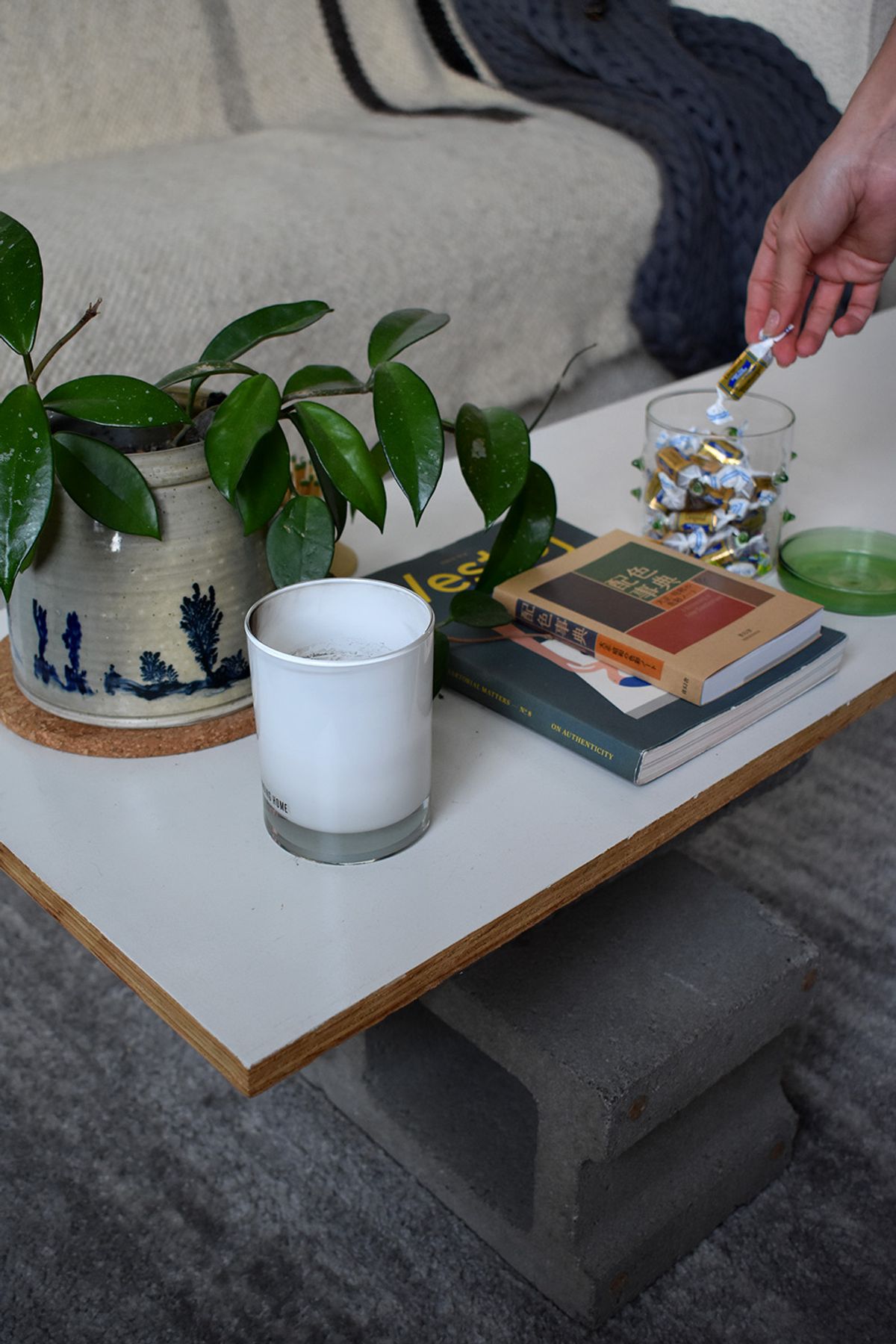 Custom coffee table with cinder blocks