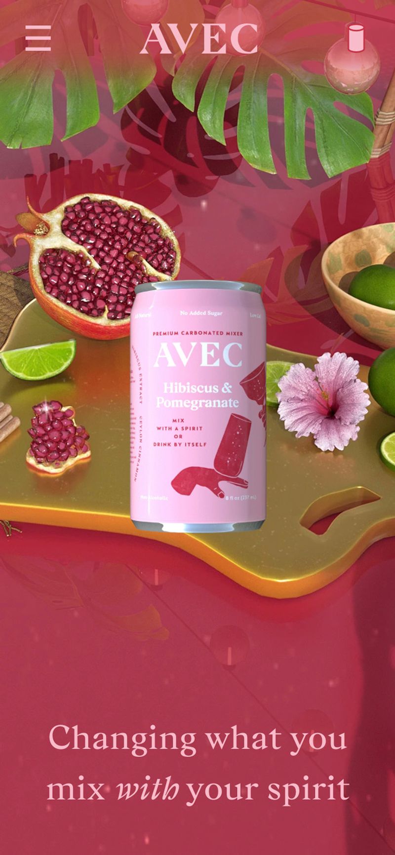 Mobile web design of 3D rendered Hibiscus scene for Avec Drinks