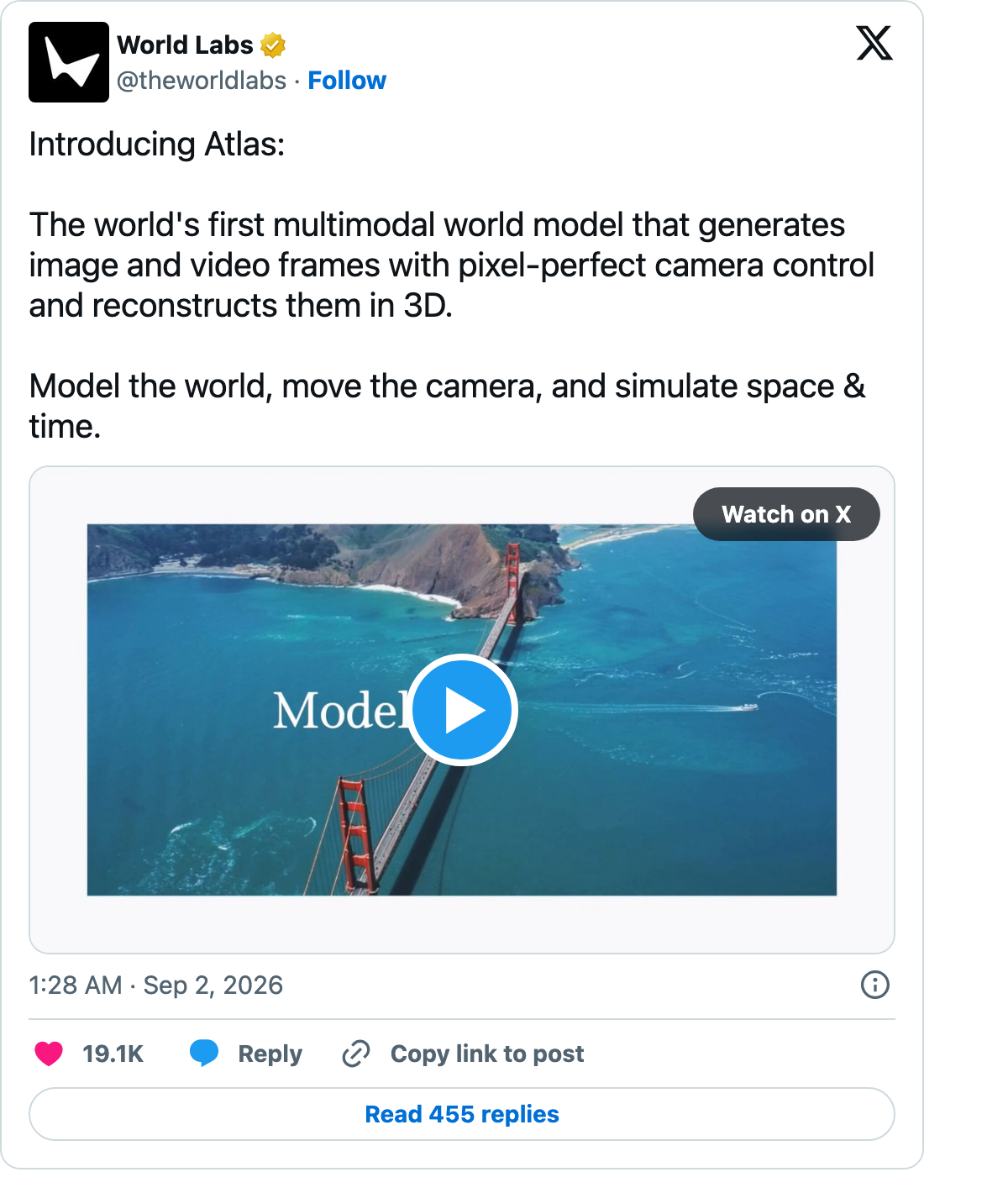 World Labs 发布 Atlas 的 X 官方原帖