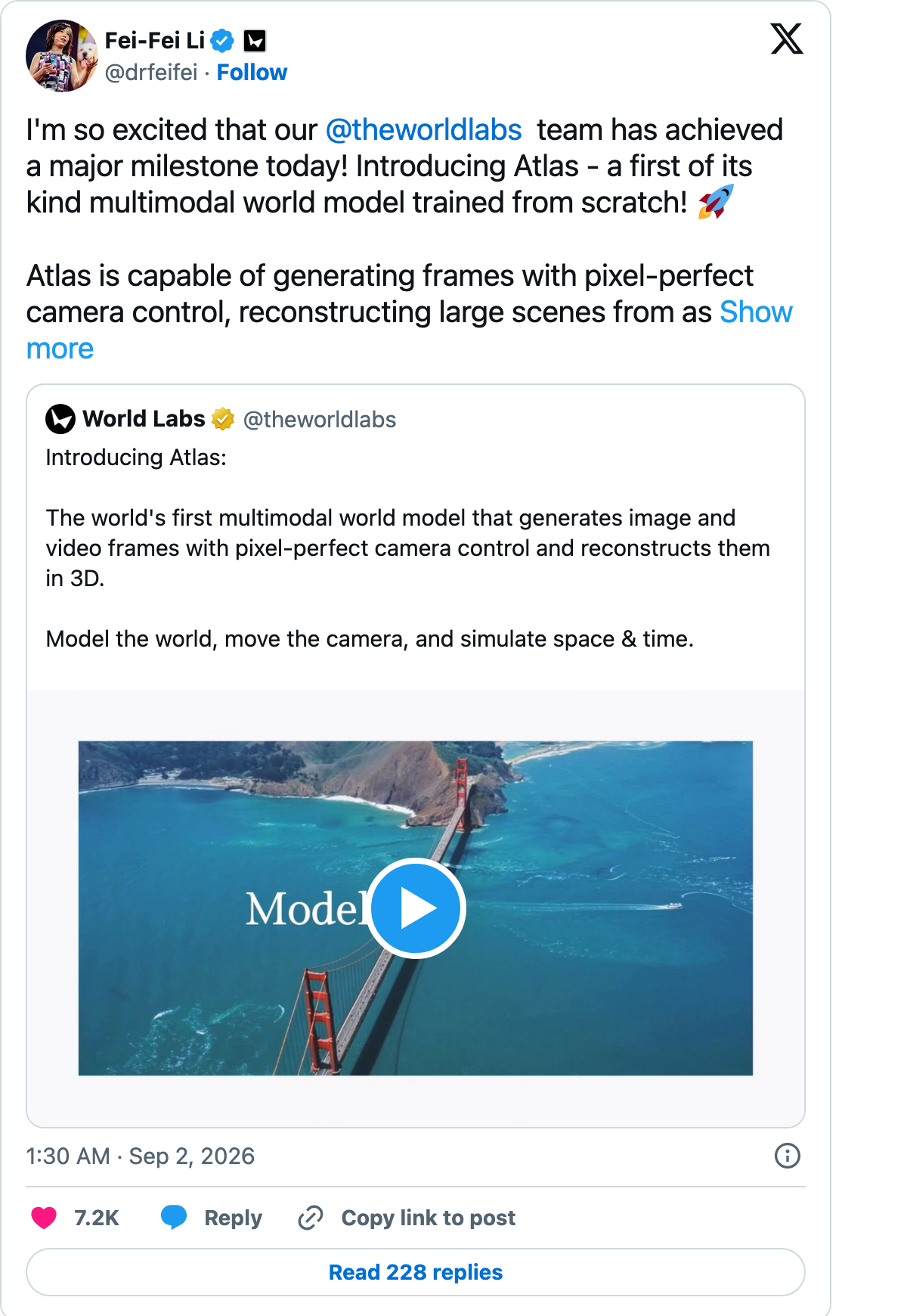 李飞飞介绍 Atlas 定位的 X 原帖