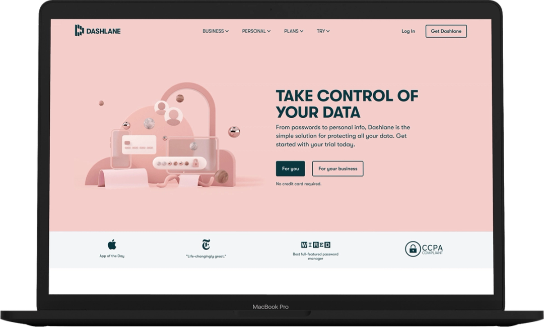 Pink Dashlane homepage with the headline “Take control of your data”, shown on a MacBook Pro mockup.
