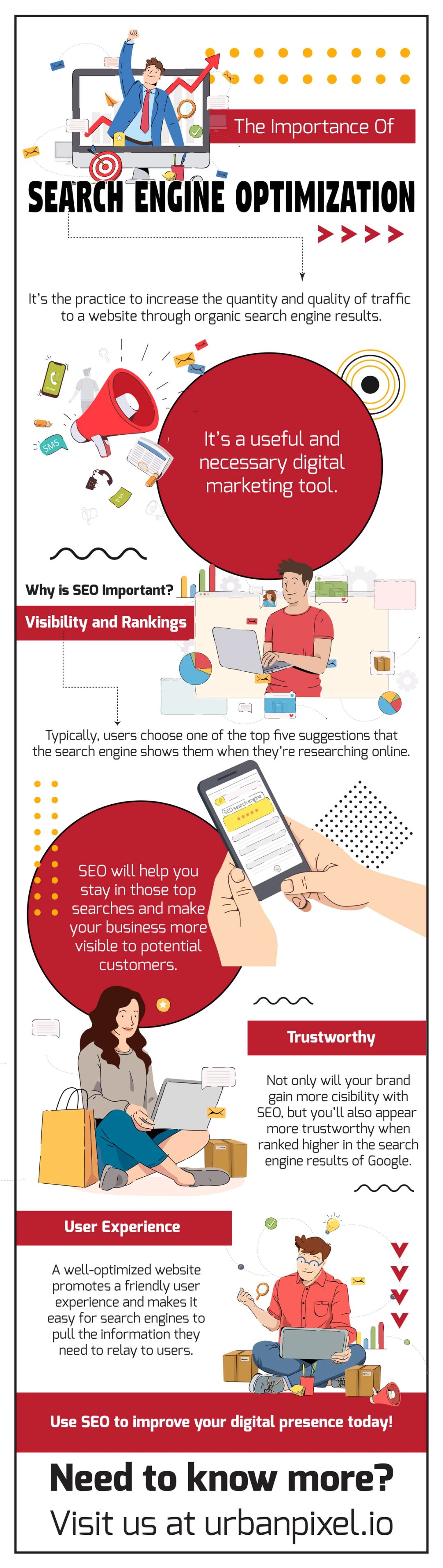 Red and white infographic saying SEO grows organic traffic and matters for visibility in top results, trust and user experience.