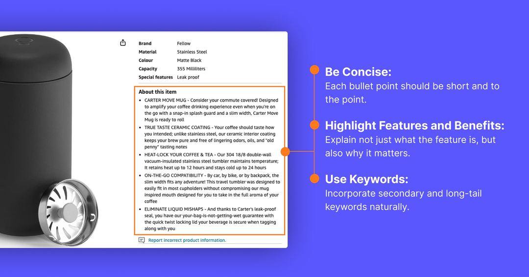 Amazon bullet points and product description section