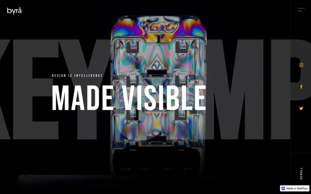 BYRA Webflow template homepage with oversized type and the headline “Made Visible” over an iridescent product photo.
