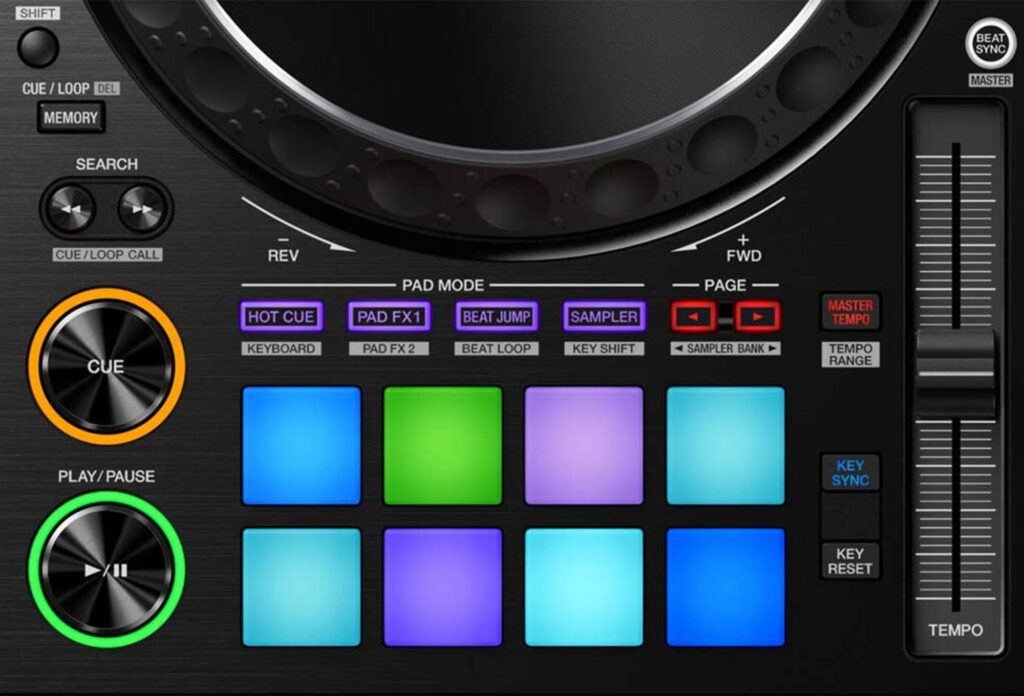 The controller’s eight colour-lit performance pads, with Hot Cue, Pad FX, Beat Jump and Sampler mode buttons above them.