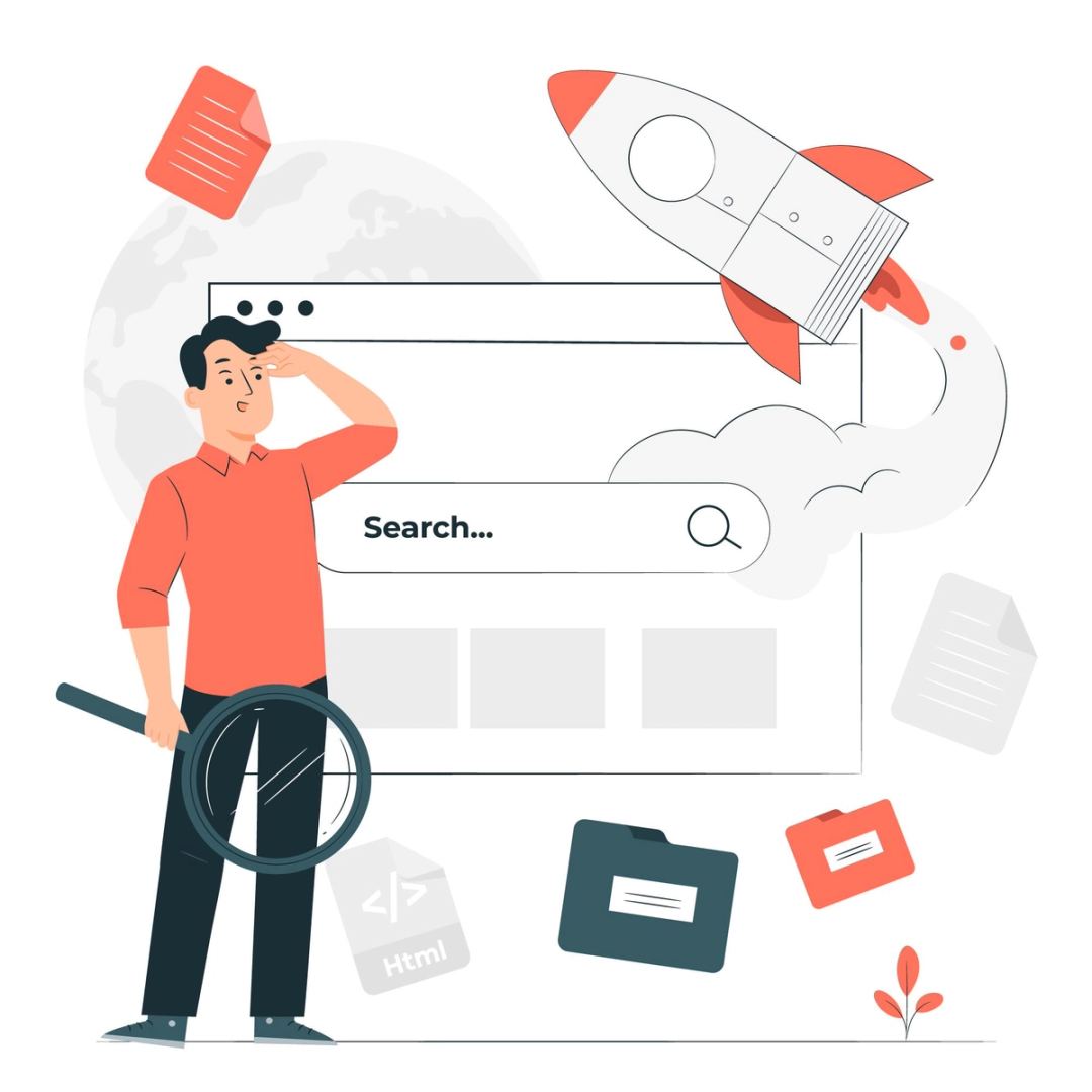 Cartoon man with a magnifying glass peering past a giant browser search bar as a rocket takes off behind him.