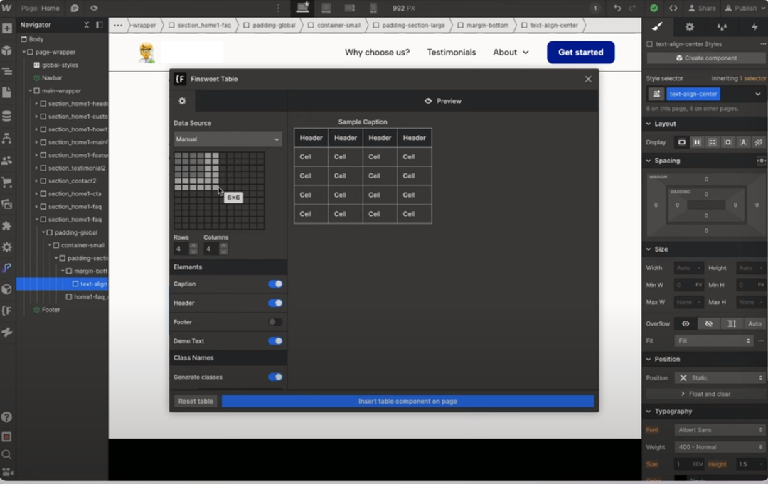 Finsweet Table app open in the Webflow Designer, with row and column settings and a preview of a four-column table.